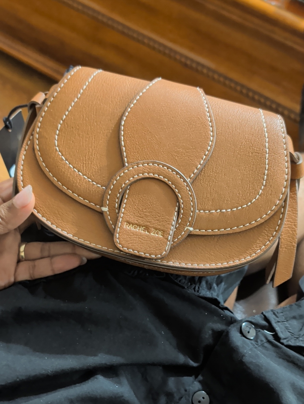 Rachel Zoe Cognac Leather Crossbody Bag with White Stitching